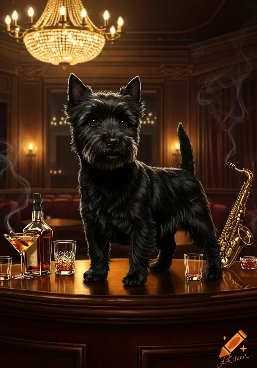 A black Cairn terrier stands on a polished bar next to whiskey, a martini, and a saxophone in a luxurious, dimly lit lounge.