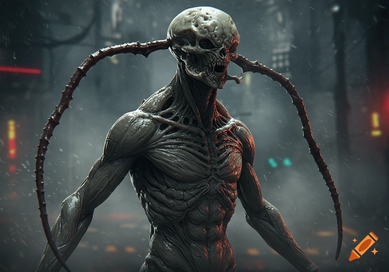 A grotesque, skeletal humanoid creature with a skull-like head and long, spiky appendages stands in a rainy, dark urban environment.