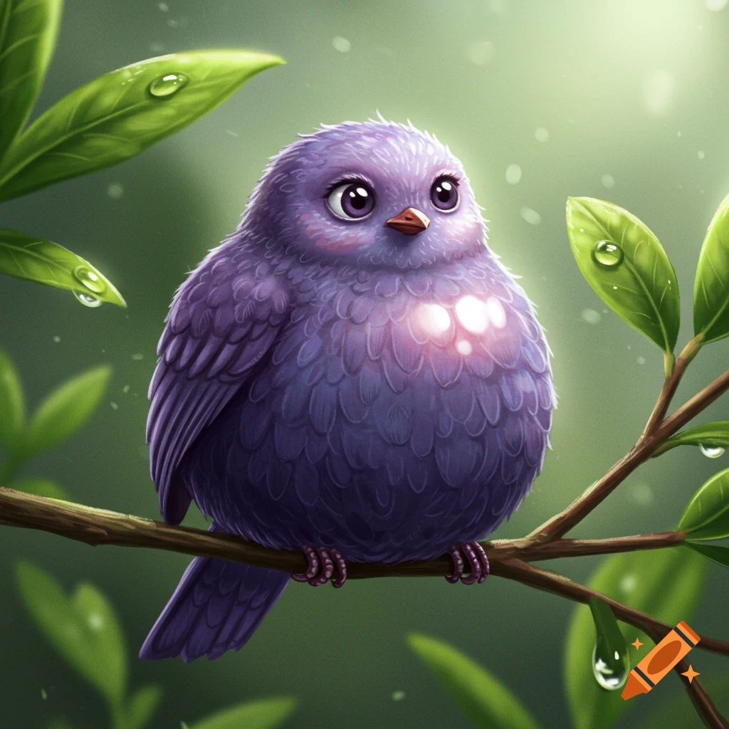 A plump, stylized purple bird with large eyes sits on a tree branch with dewy green leaves.