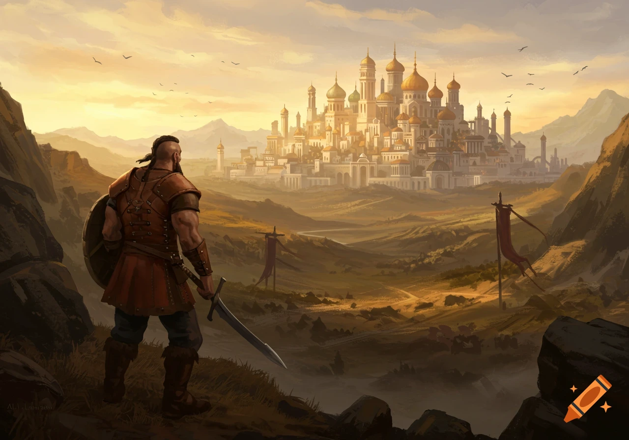 A warrior in armor stands on a hill, looking at a magnificent fantasy city with domes in a sunlit valley, digital art.