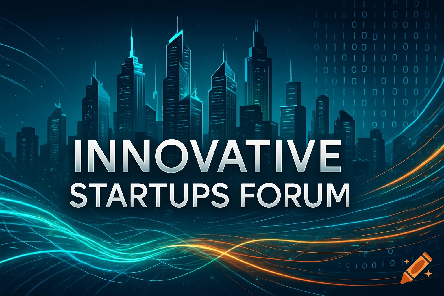INNOVATIVE STARTUPS FORUM text over a futuristic cityscape with glowing teal and orange lines and binary code.