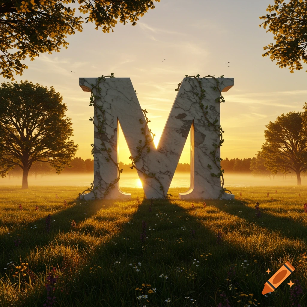 A large marble letter M covered in vines stands in a grassy field at sunset, with trees and a misty lake.