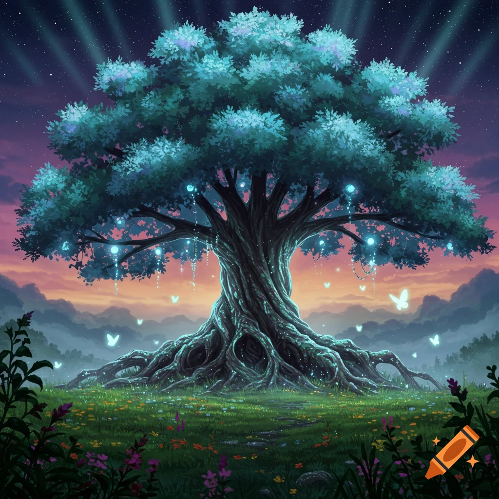 A majestic, glowing teal tree with twisted roots in a vibrant meadow under a starlit sunset sky with glowing butterflies, in a fantasy art style.