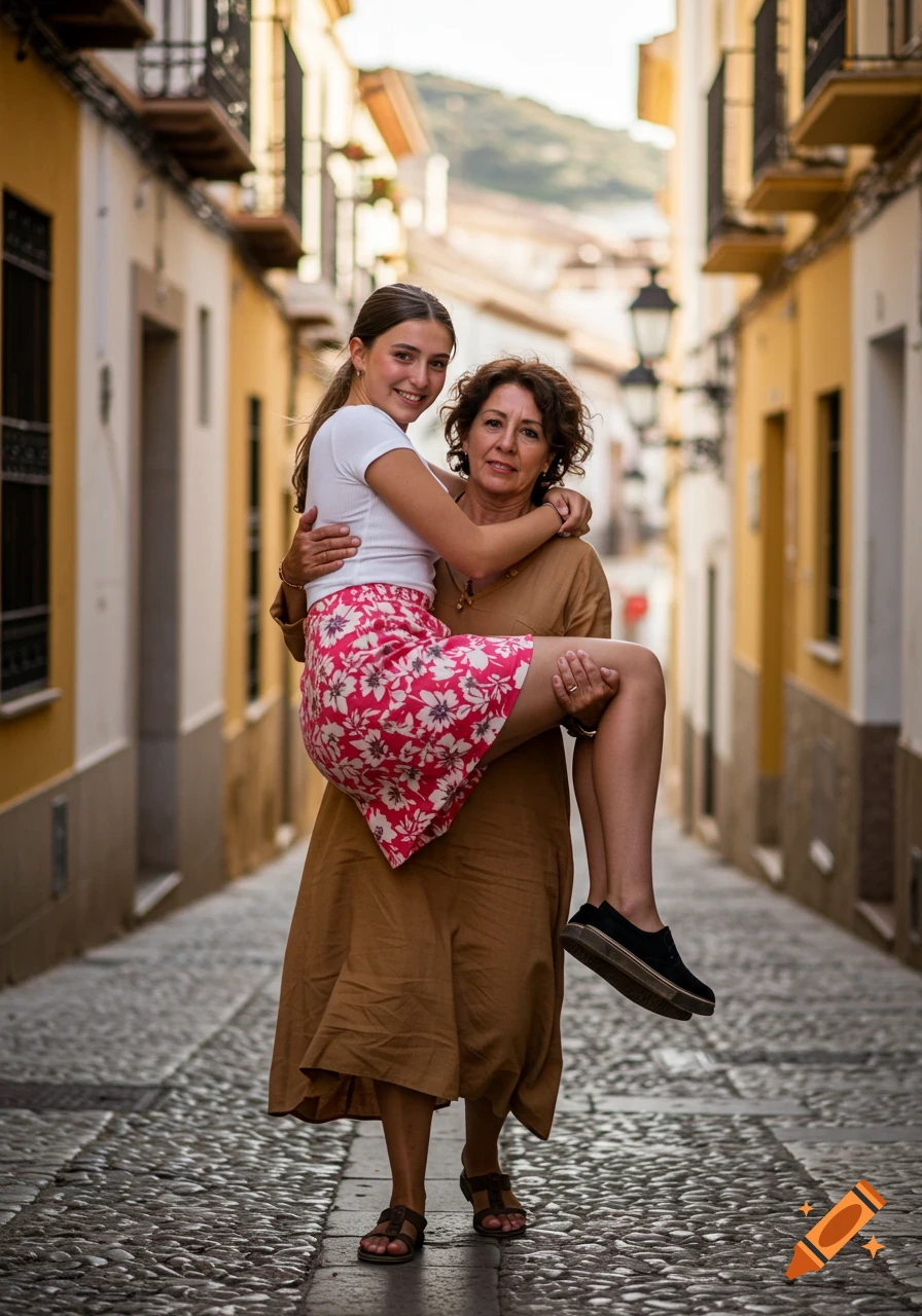A younger woman in a white t-shirt and floral mini-skirt is carried by an older woman in a brown dress, smiling on a cobblestone street.
