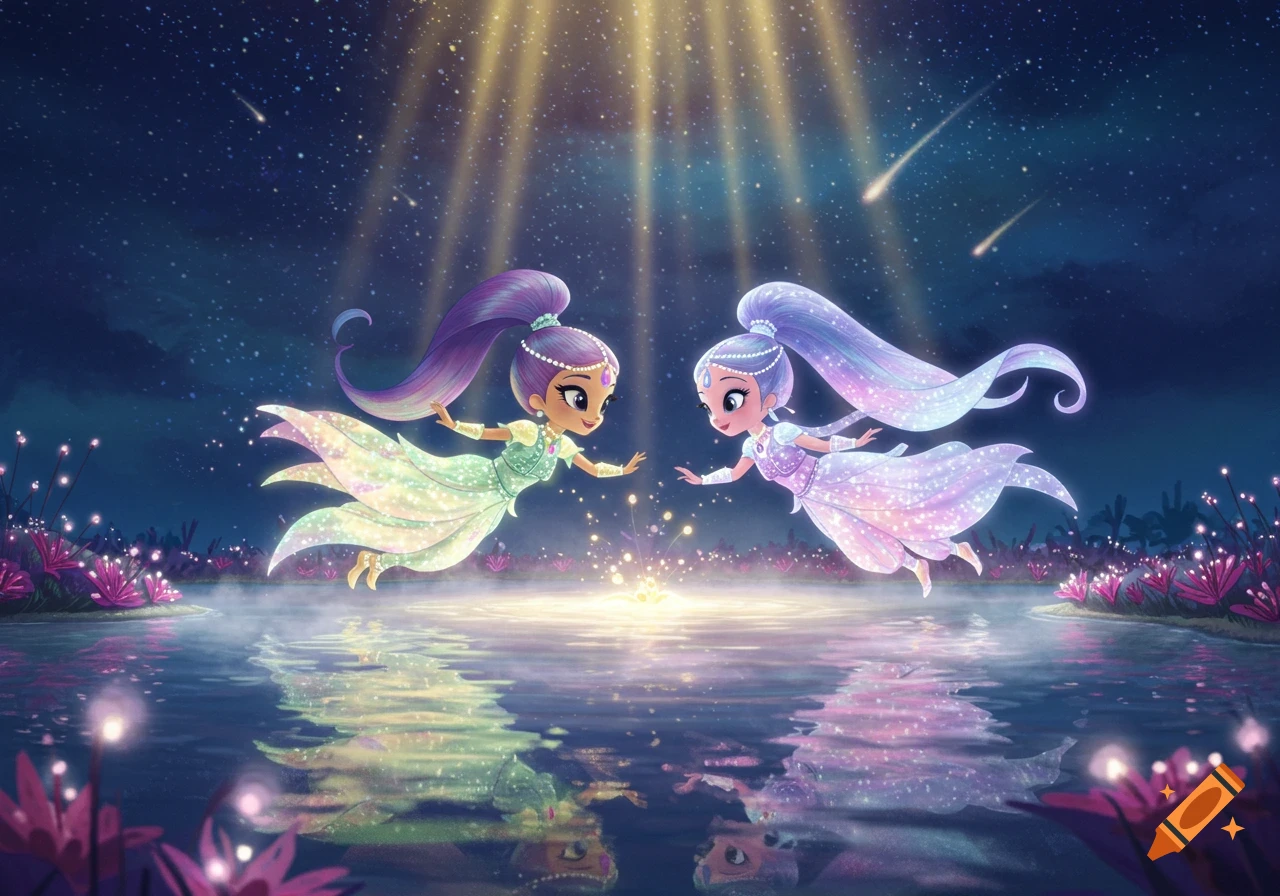 Two animated magical girls with long colorful hair float over reflective water under a starry night sky with glowing plants.