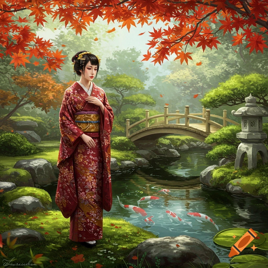 A Japanese woman in a red kimono stands in a vibrant autumn garden with koi fish and a bridge.