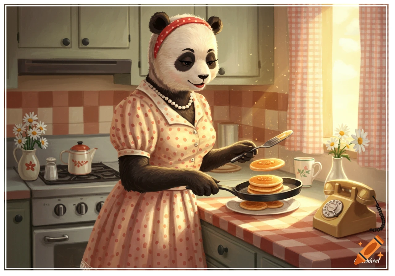 A smiling anthropomorphic panda in a polka-dotted dress and headband cooks pancakes in a retro kitchen.
