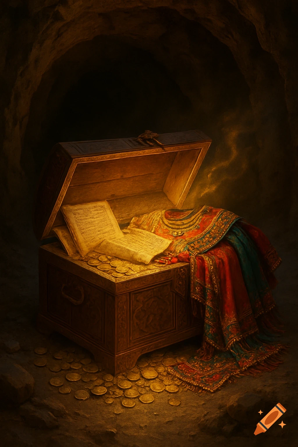 An open ornate wooden treasure chest glows with golden light inside a dark cave, overflowing with gold coins, ancient manuscripts, and vibrant patterned fabrics.