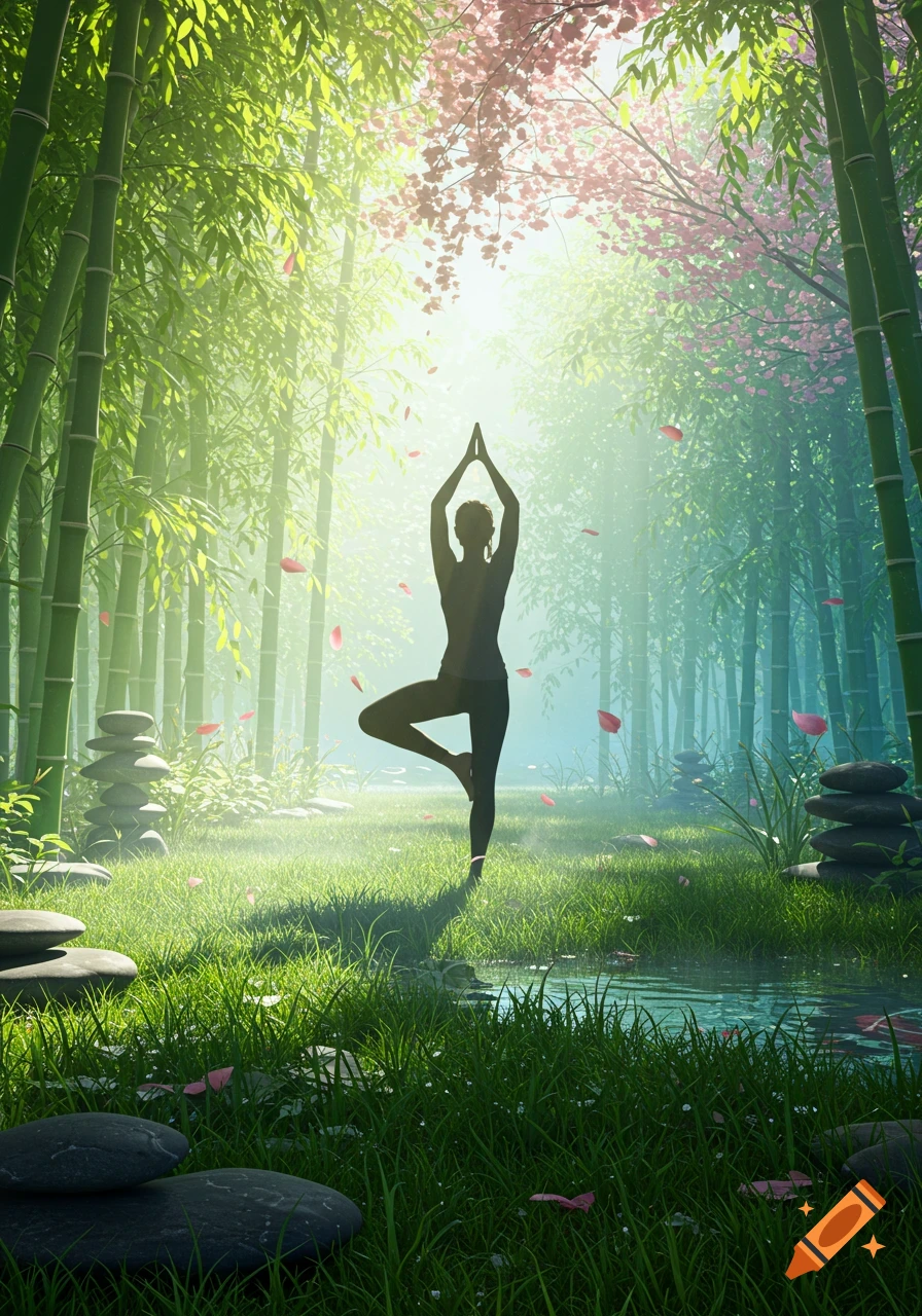 Silhouette of a person in a yoga tree pose in a vibrant bamboo forest with falling pink petals and a small pond.