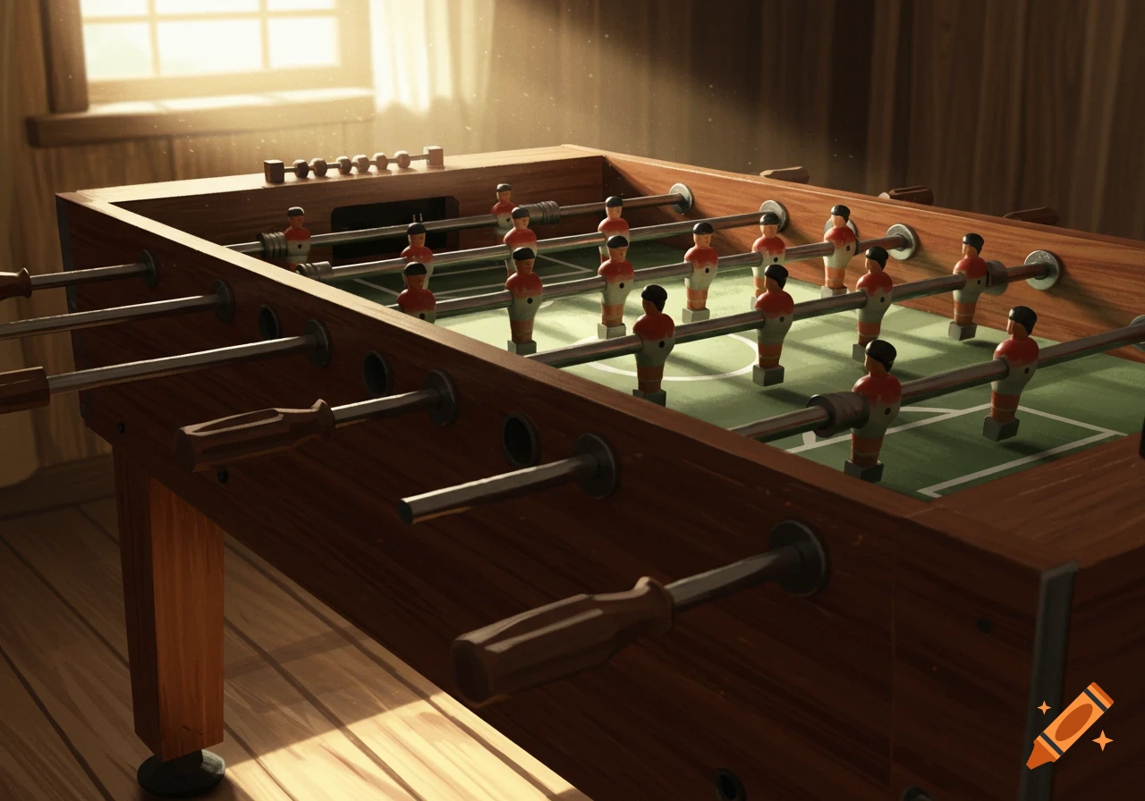 A wooden foosball table with red and white players, illuminated by a warm light from a window.