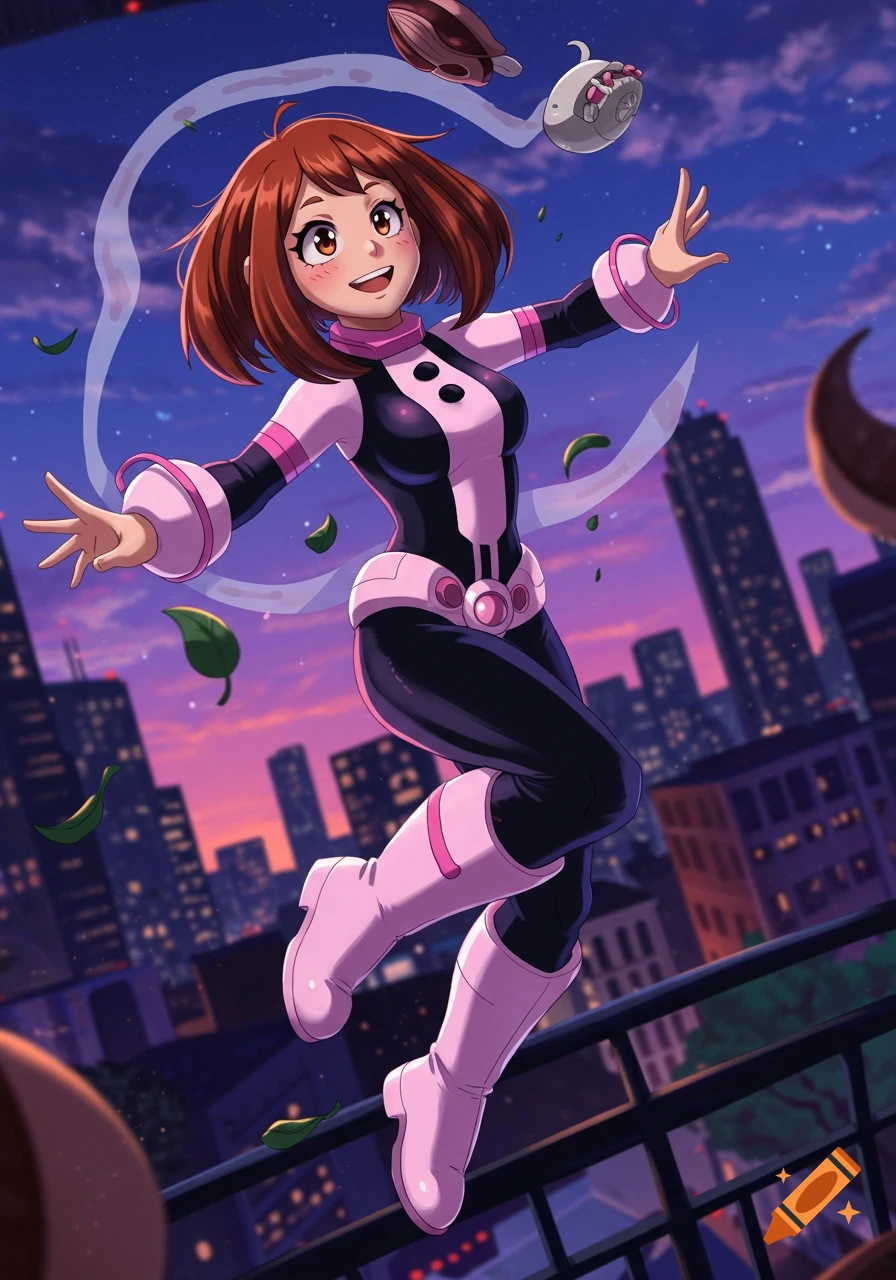Anime character Ochako Uraraka floats above a city skyline at dusk, surrounded by leaves and debris, in a dynamic pose.
