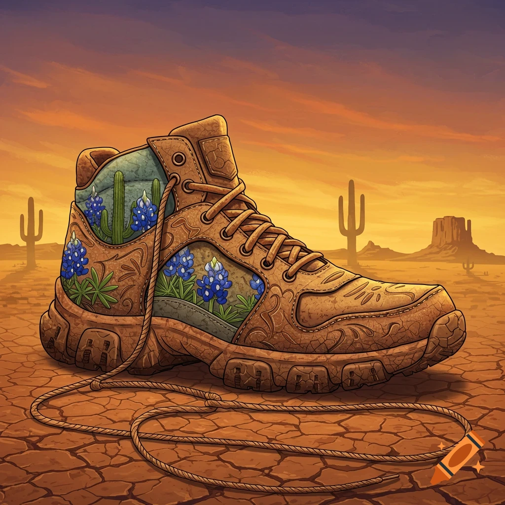 A detailed illustration of a western-themed hiking boot decorated with bluebonnets and cacti, resting on cracked desert earth with saguaro cacti and mesas under an orange sunset.