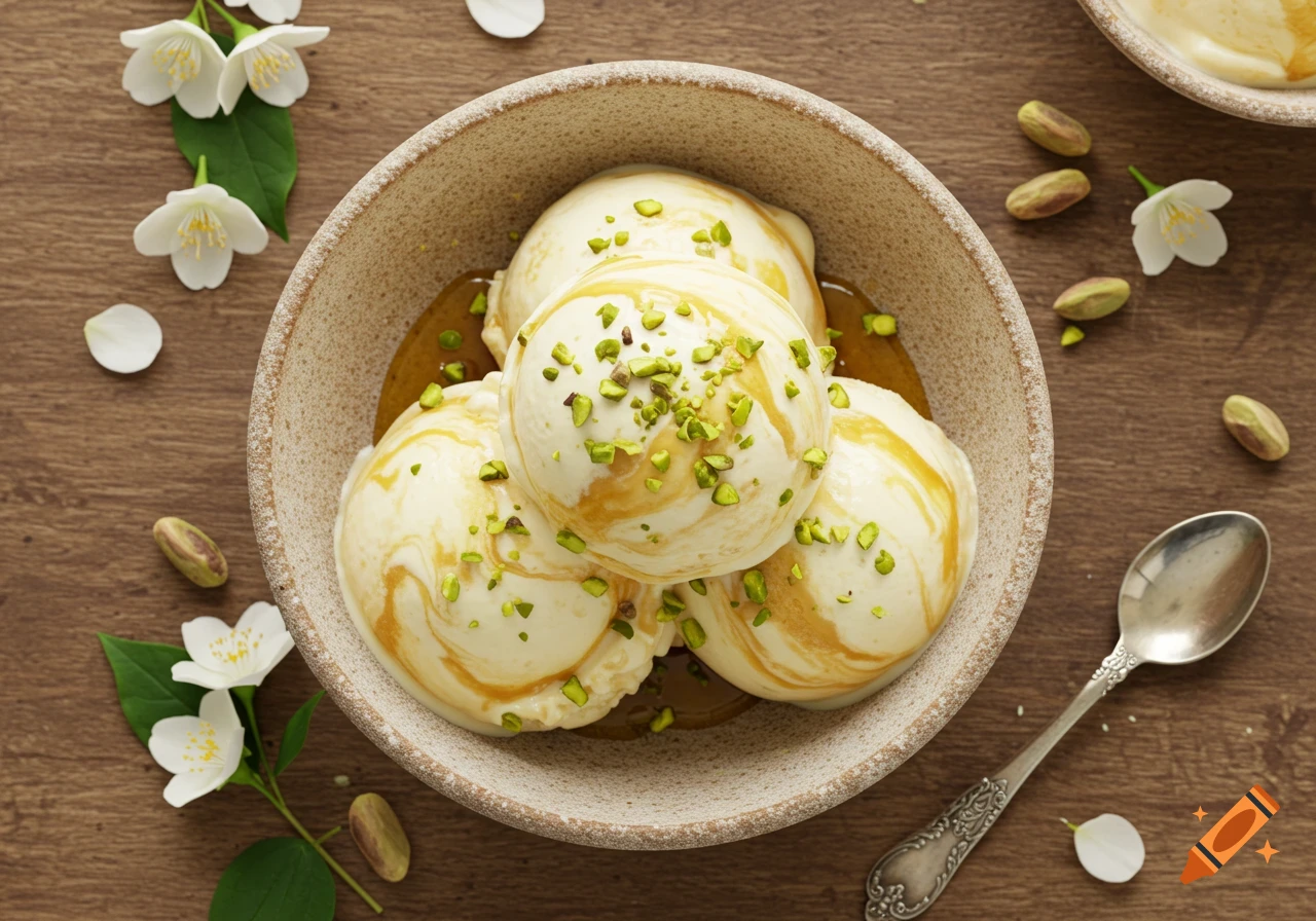 Top-down view of vanilla ice cream with caramel and pistachios in a bowl, with jasmine flowers and a spoon on a wooden table.