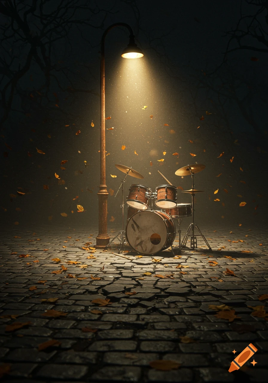 A lone drum set sits under a brightly lit, rusted street lamp on a cobblestone street with swirling autumn leaves at night.