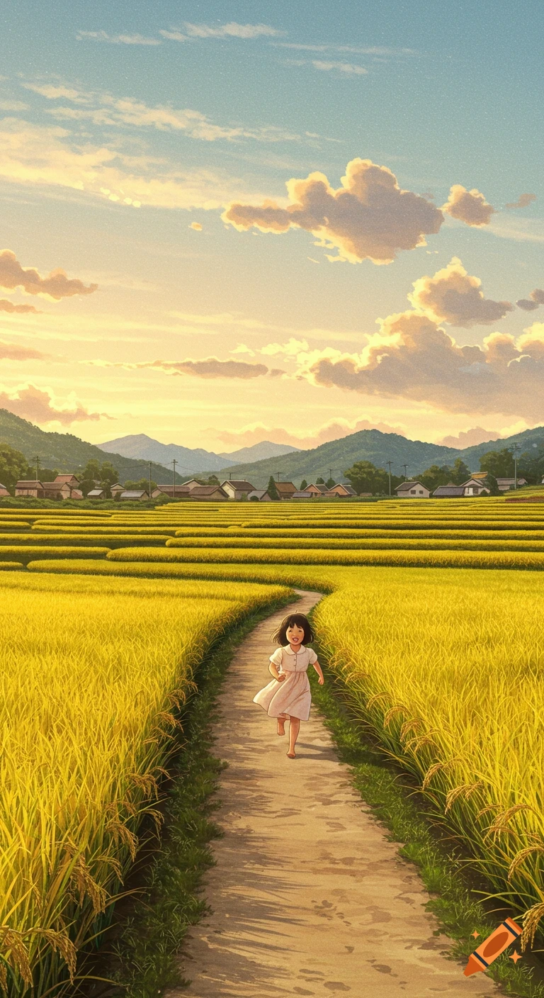 A young girl runs barefoot along a dirt path through golden rice paddies in an anime-style rural landscape at sunset.