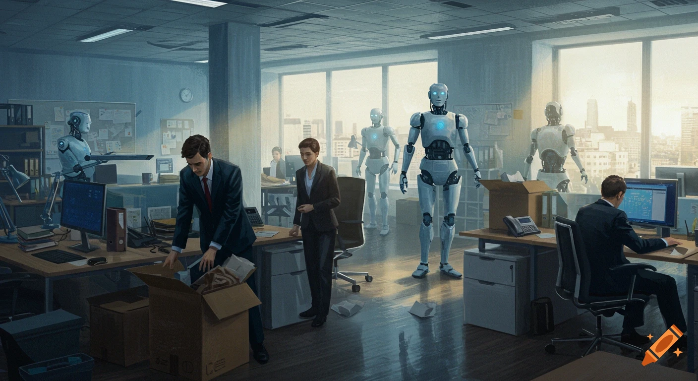 An impressionistic painting of an open-plan office where humans pack boxes and robots move in, symbolizing AI deployment.