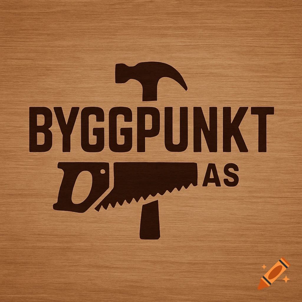 A carpenter company logo with 'BYGGPUNKT AS' in dark brown text, a hammer, and a saw against a light brown wood grain background.
