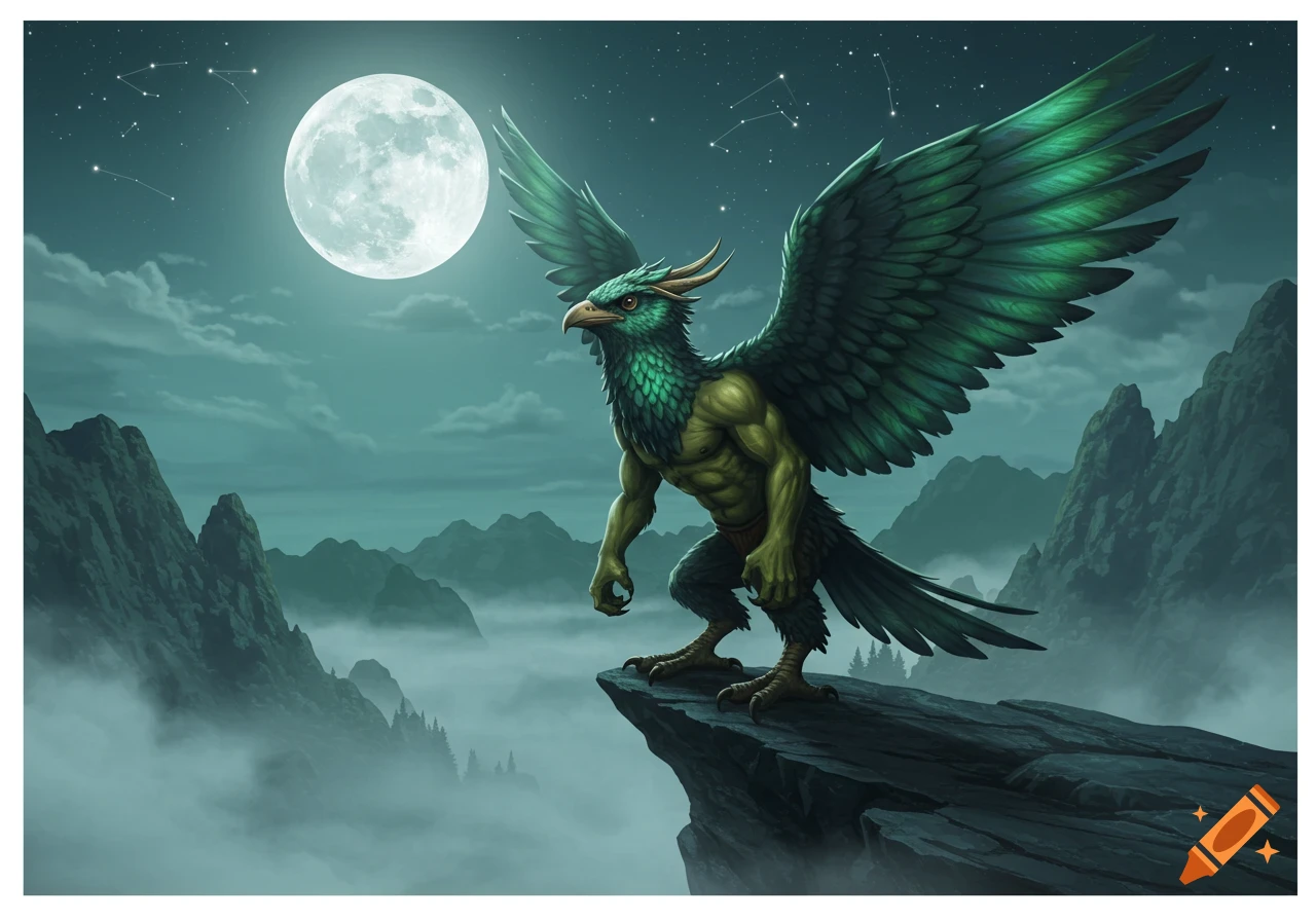 A muscular, green-feathered creature with bird-like features and horns stands on a rocky cliff under a full moon in a misty mountain landscape.