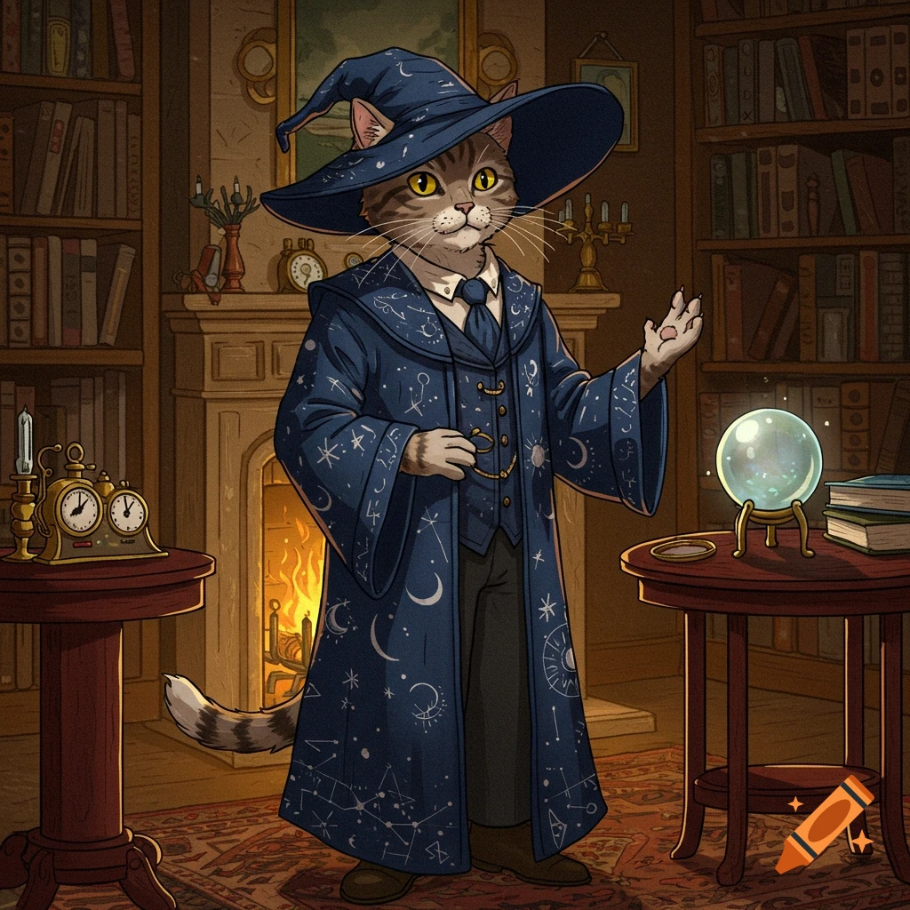 An anthropomorphic cat wizard in a starry blue robe and pointed hat stands in a library with a crystal ball and fireplace.