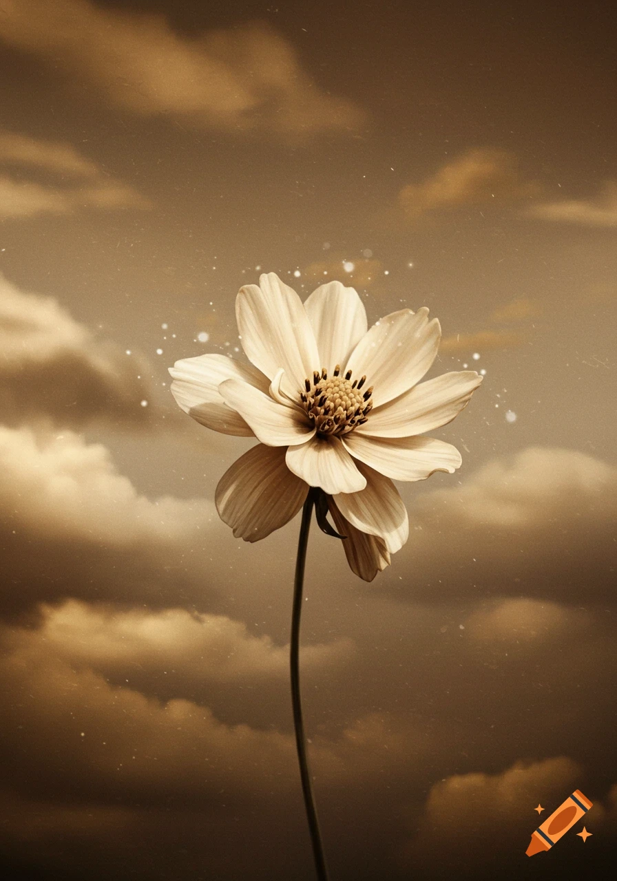 A single light-colored flower with a long stem against a sepia-toned cloudy sky with light speckles.