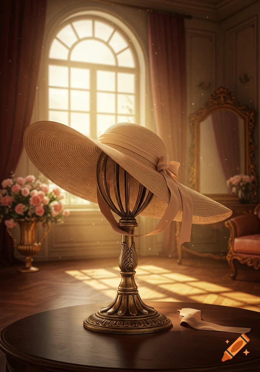 A wide-brimmed straw hat with a ribbon sits on an ornate stand in a sunlit, luxurious room with a large arched window and sheer curtains.