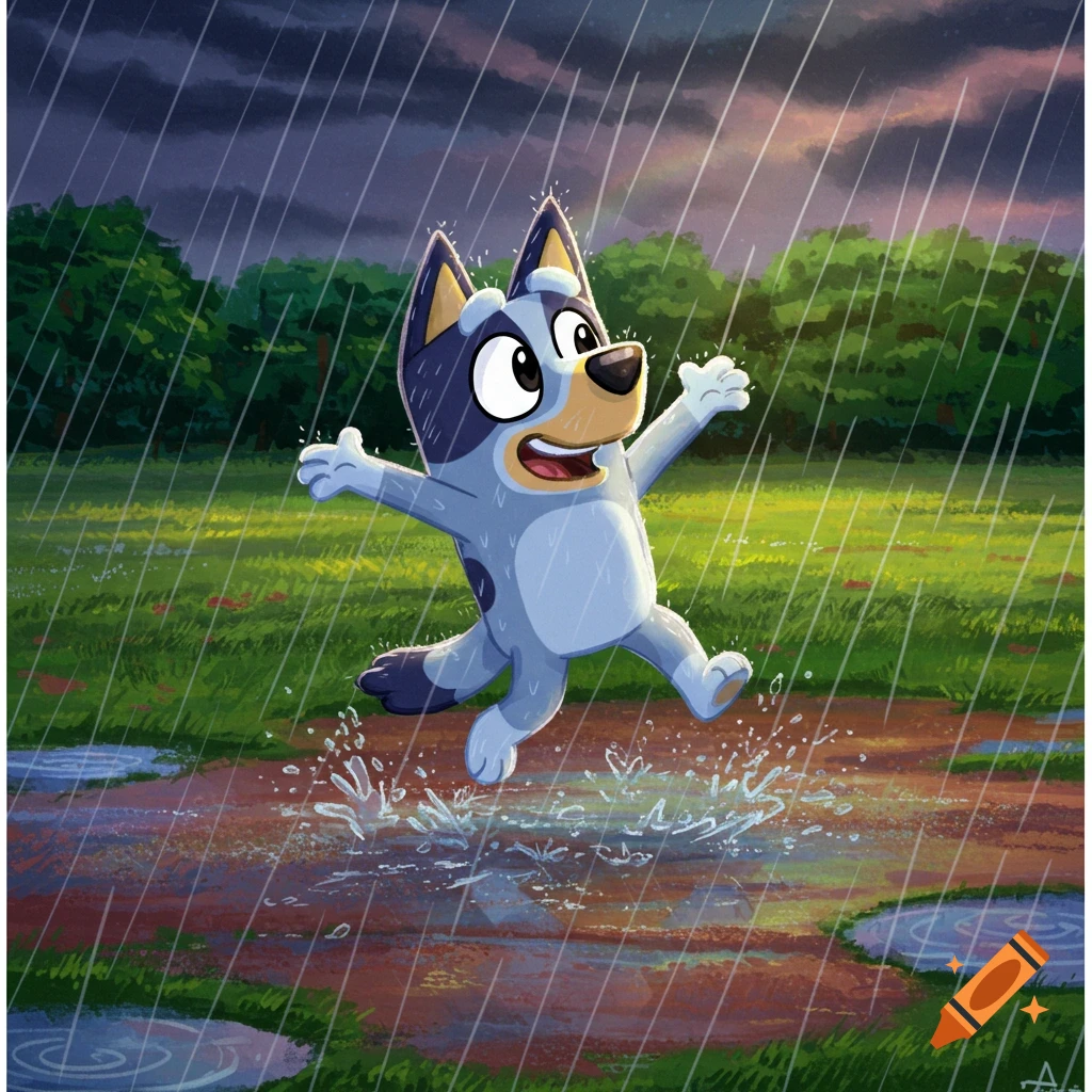 Bluey, a blue cartoon dog, joyfully splashes in a muddy puddle during a rain shower in a grassy field with trees.