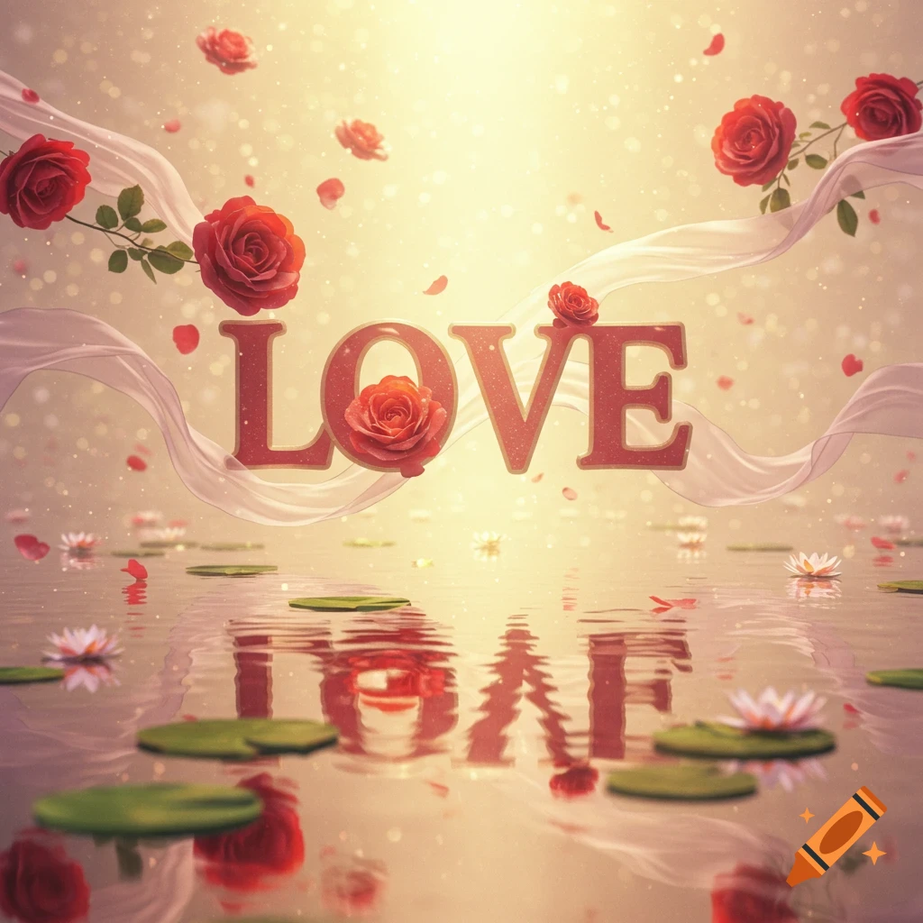 Sparkling red 'LOVE' text floats above water with roses and lily pads under a warm golden light.
