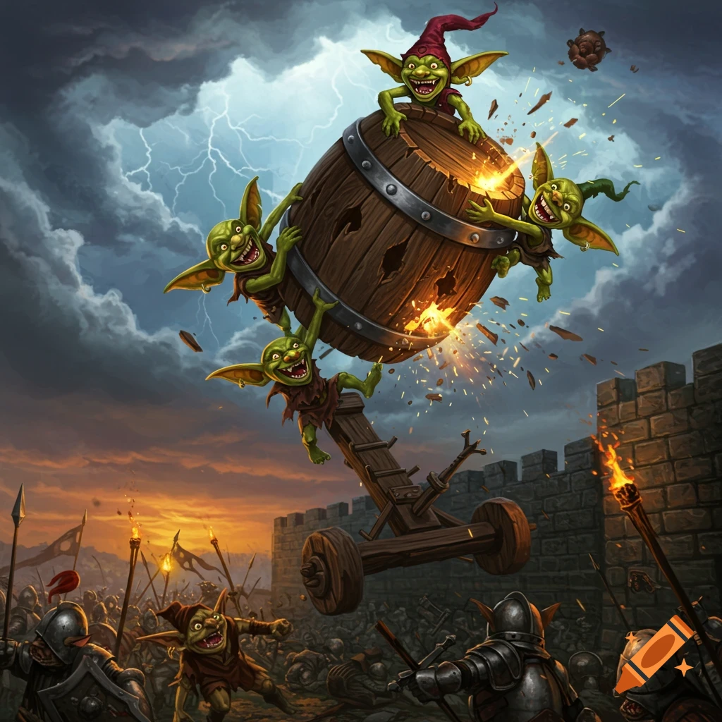 A fantasy battle scene with green goblins riding a fiery wooden barrel launched from a catapult over castle walls, under a stormy sky.