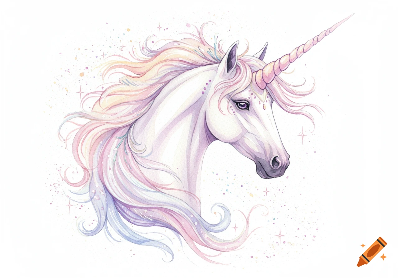 Watercolor illustration of a mystical unicorn head with flowing pastel mane and sparkling accents on a white background.