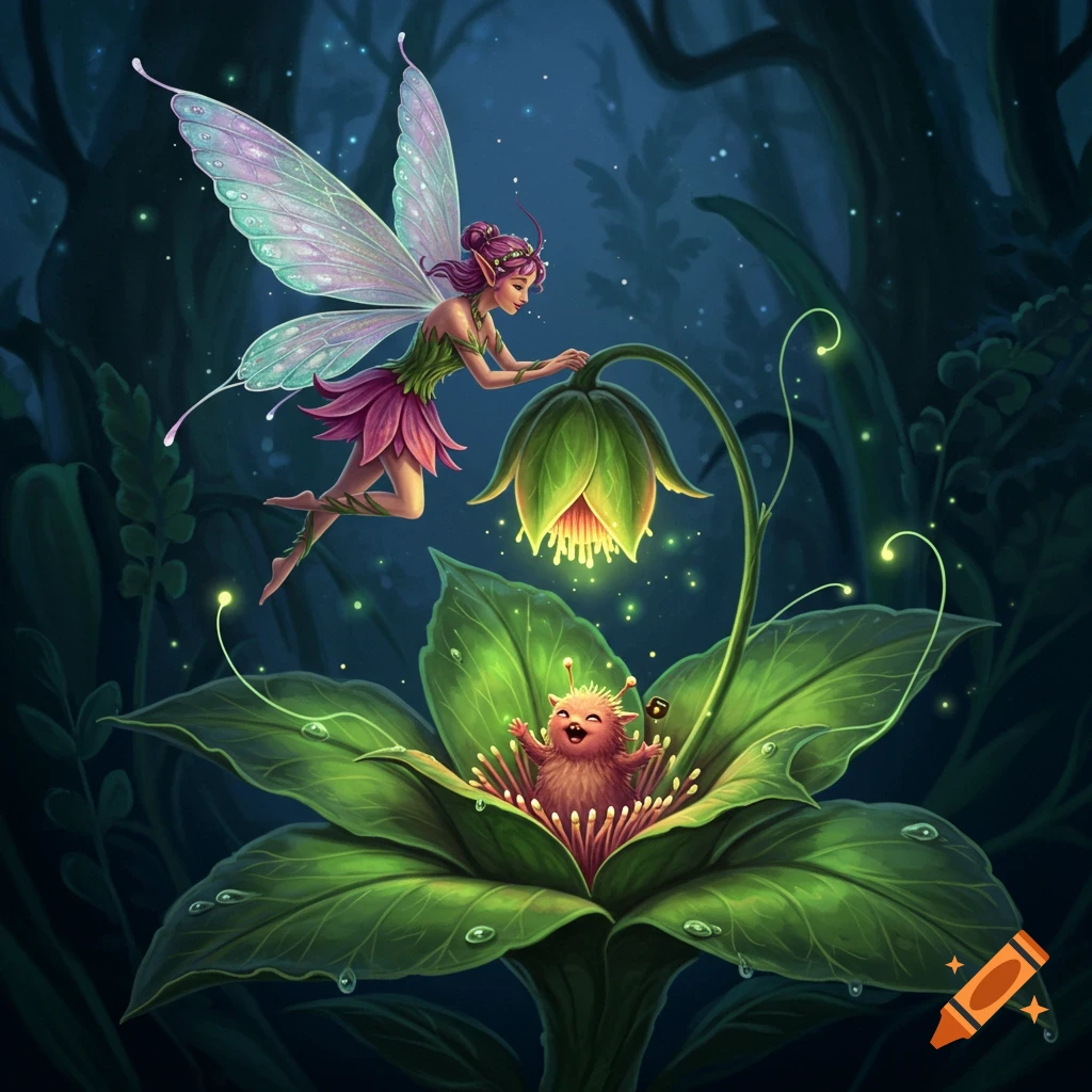 A fairy with iridescent wings floats above a glowing plant with a small, happy, furry creature nestled inside, in a magical forest.