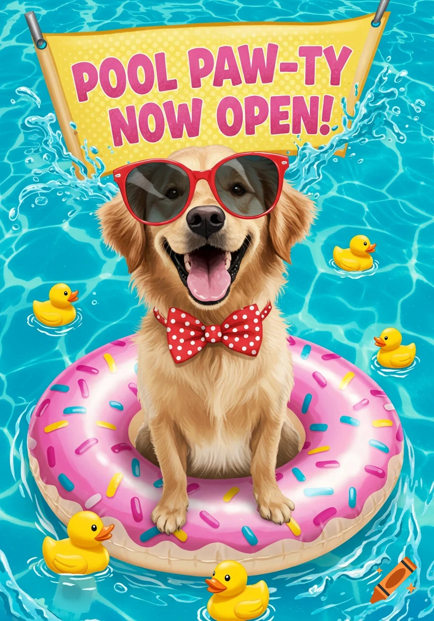 Happy golden retriever in sunglasses and a bow tie on a donut float in a pool with rubber ducks and a 'Pool Paw-ty Now Open!' banner.