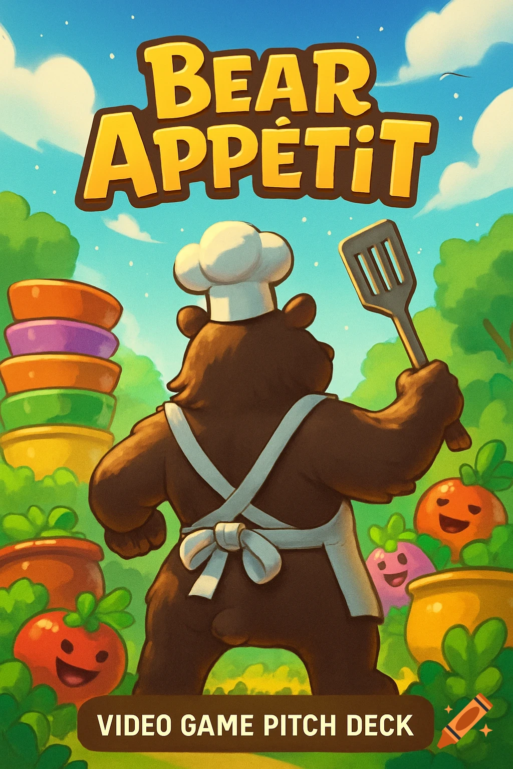 A cartoon bear chef in an apron and hat holds a spatula, back to viewer, with smiling vegetable characters. Game title Bear App étit, Video Game Pitch Deck.