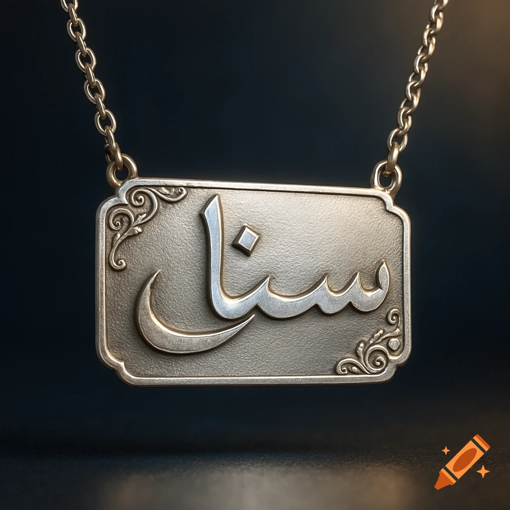Silver necklace pendant with the name 'Sana' in elegant Arabic calligraphy on a dark background.