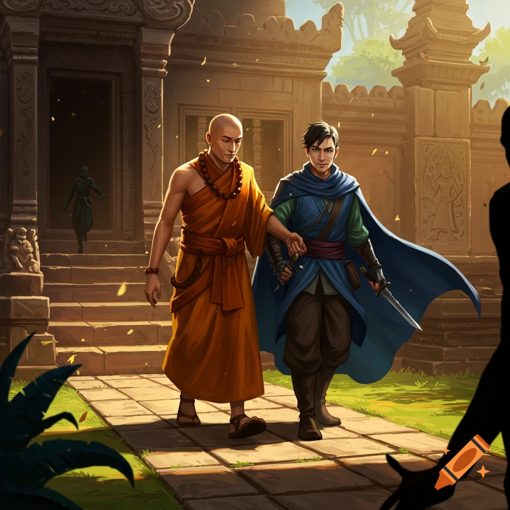 A monk in orange robes walks with a dagger-wielding rogue in blue and green, on a path by ancient temple ruins. Digital painting.