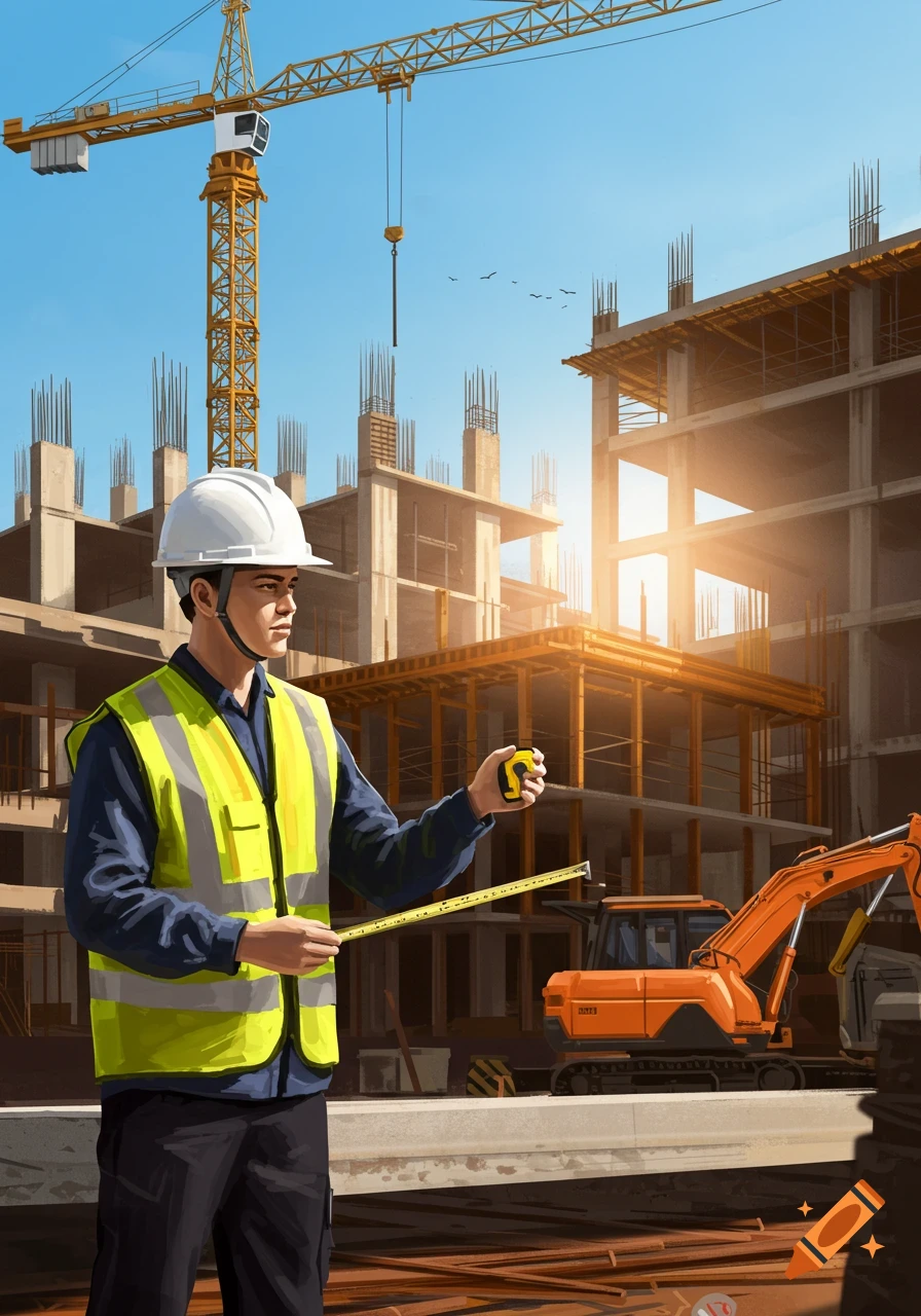 A male engineer in a hard hat and high-visibility vest holds a tape measure at a bustling construction site with cranes and buildings under construction.