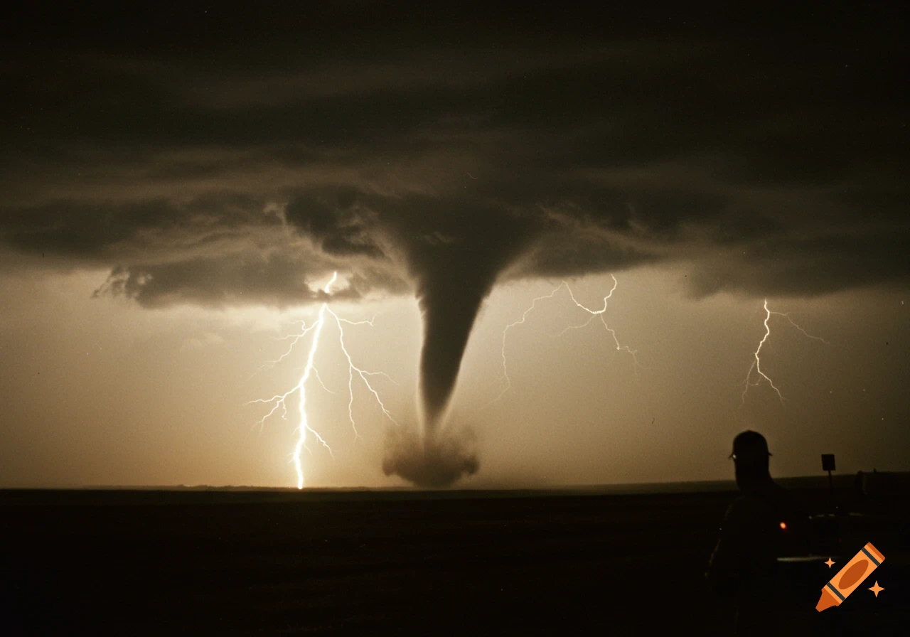 A large tornado touches down with lightning striking in a dark field, a storm chaser watching, in a vintage photo style.