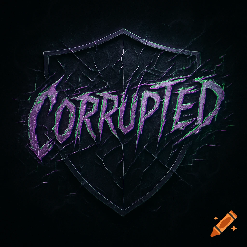 A dark, cracked shield icon with the jagged, purple and green word 'CORRUPTED' centered on it.