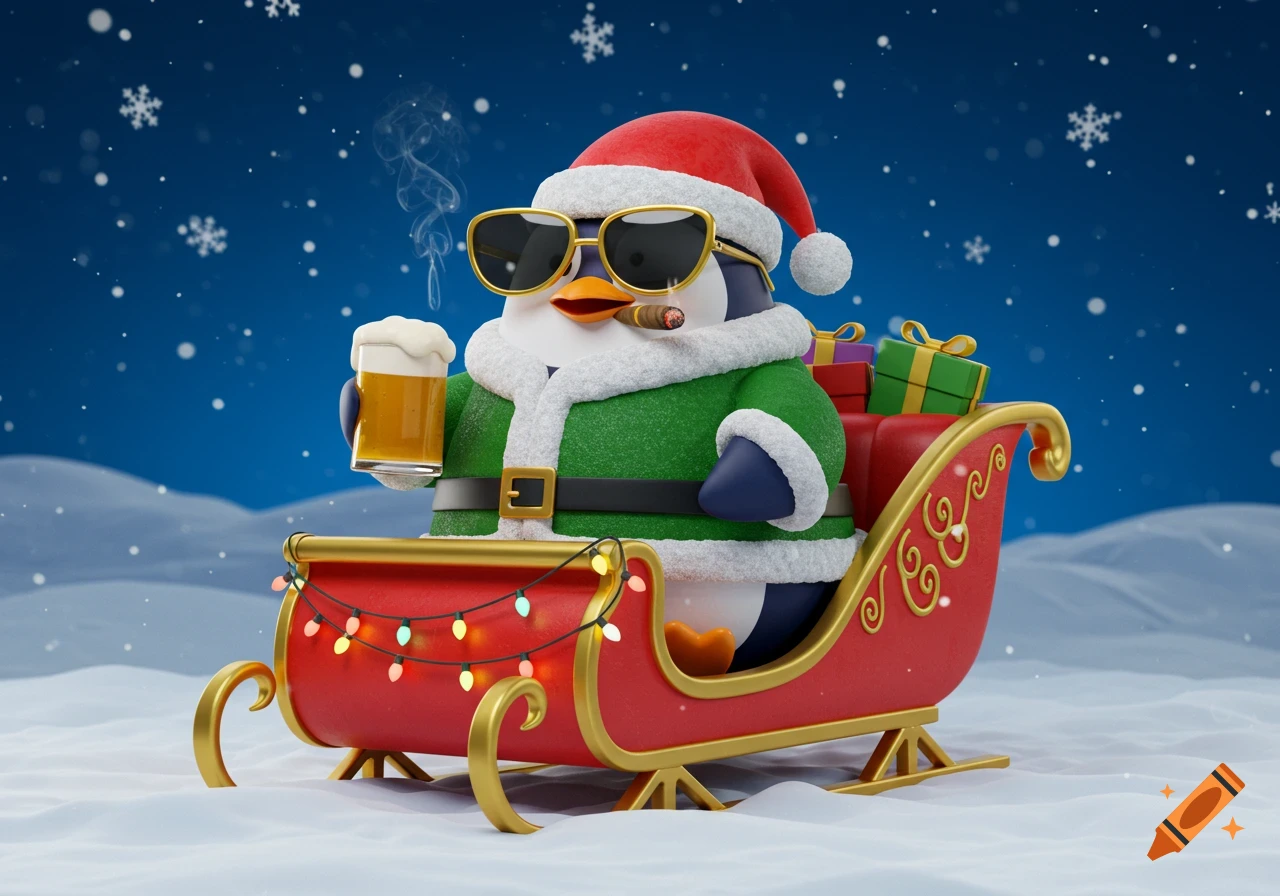A 3D cartoon penguin in a green Santa suit, sunglasses, holding a beer and a cigar, sitting in a red sleigh in snow.