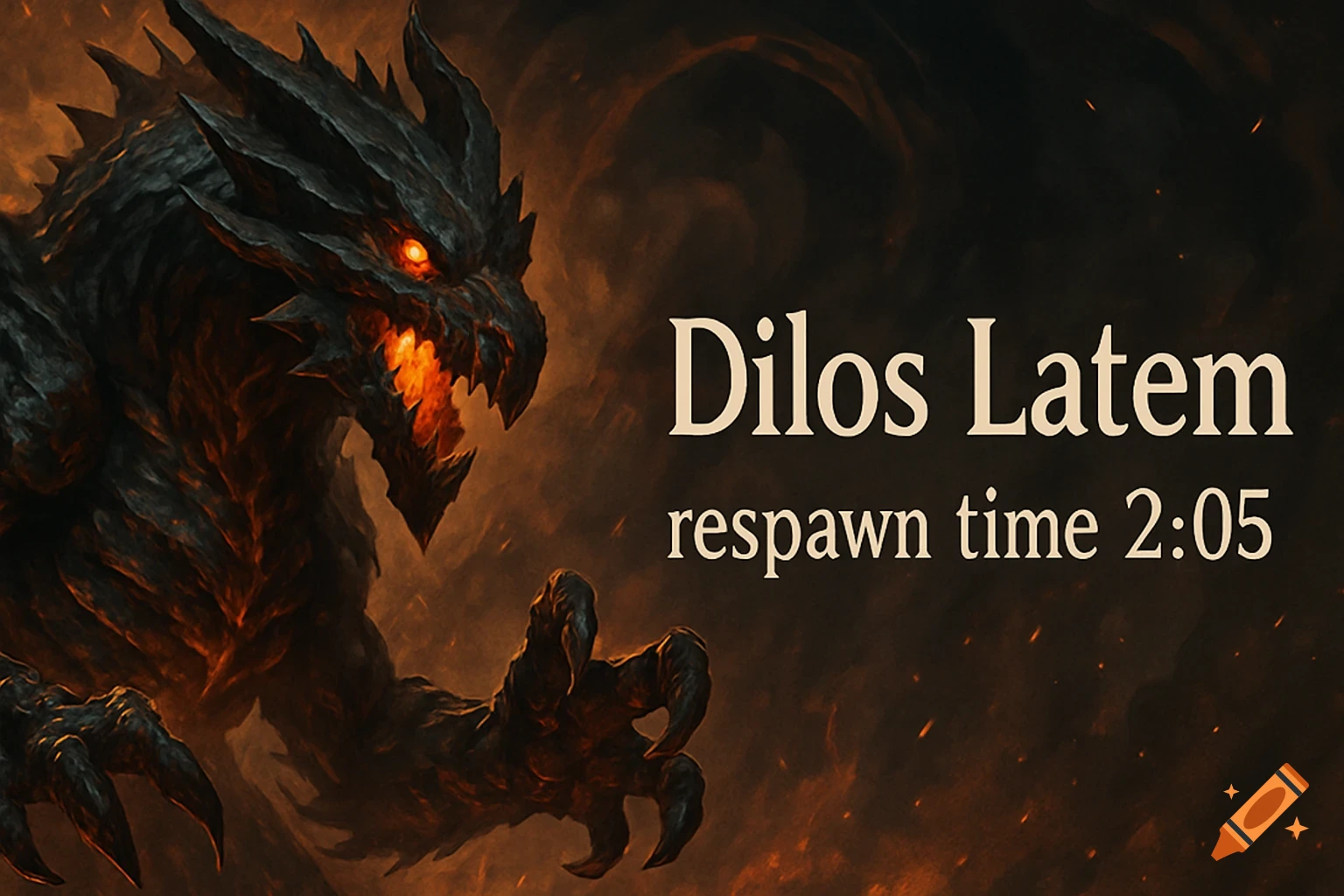 A dark, menacing dragon-like creature with glowing red eyes and fiery mouth, next to the text "Dilos Latem respawn time 2:05" on a fiery background.