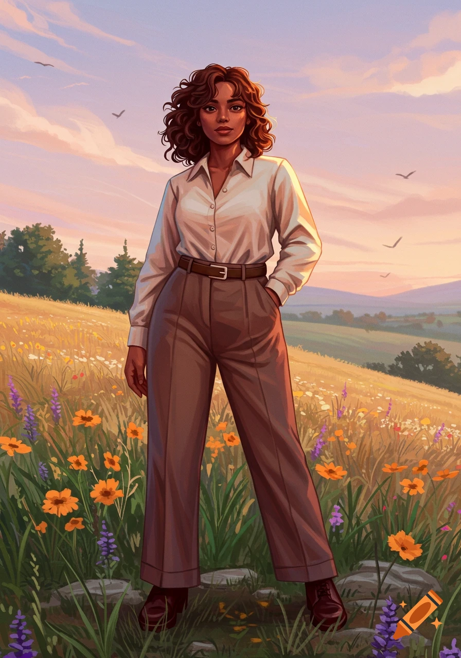 A woman with curly hair stands in a field of orange and purple wildflowers at sunset, with a clear sky in a painterly style.