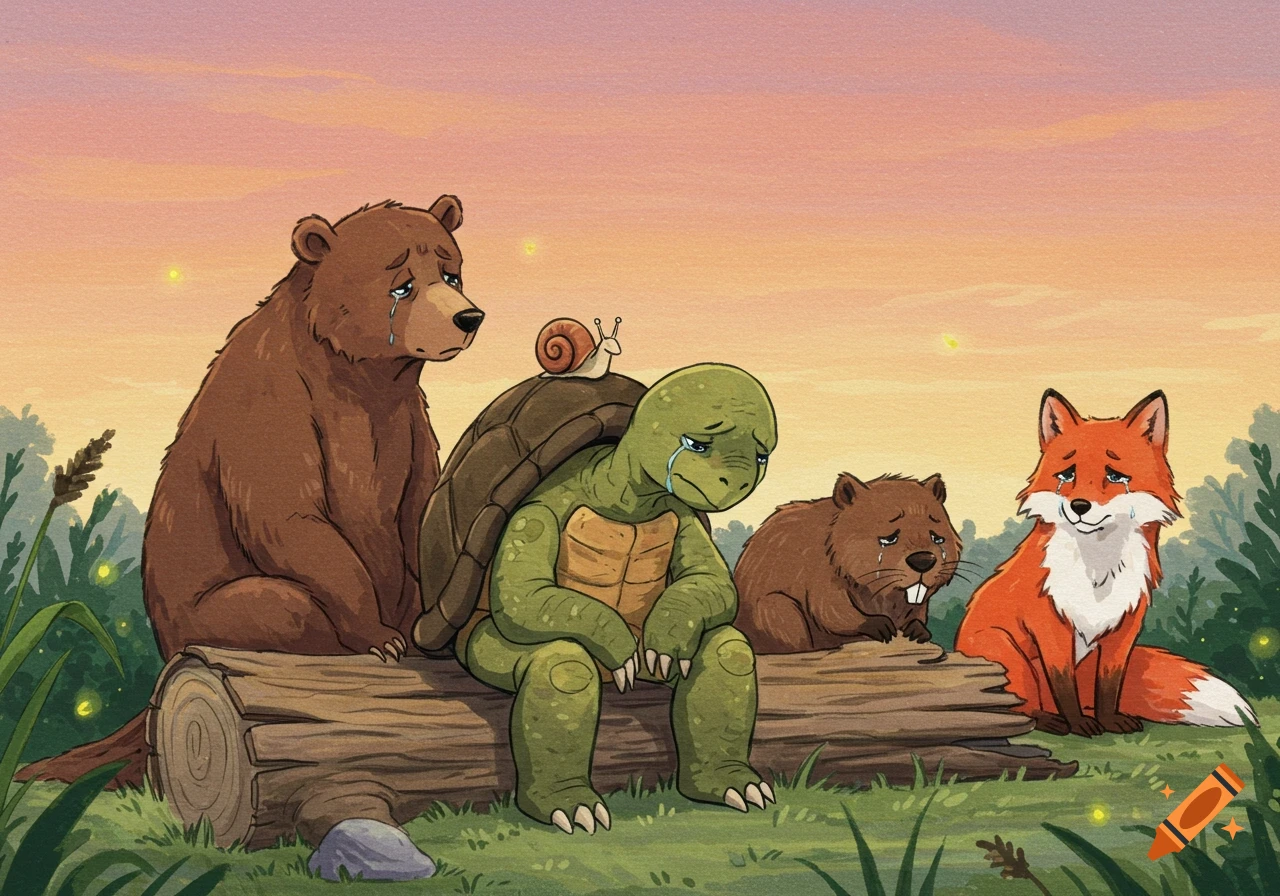 A sad bear, turtle with a snail, beaver, and fox crying on a log at sunset, in a children's book style.