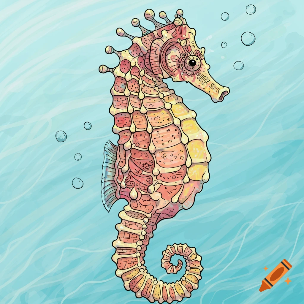 A vibrant, doodle-style illustration of a seahorse with intricate patterns, in shades of pink, orange, and yellow, against a light blue, wavy background with bubbles.
