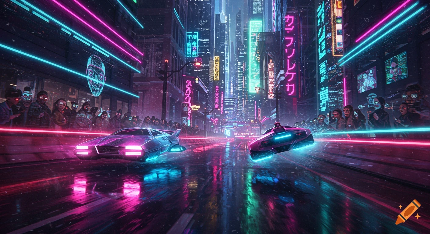 A neon-lit cyberpunk city street at night, with two futuristic flying cars racing down a wet road, surrounded by tall buildings and masked spectators.