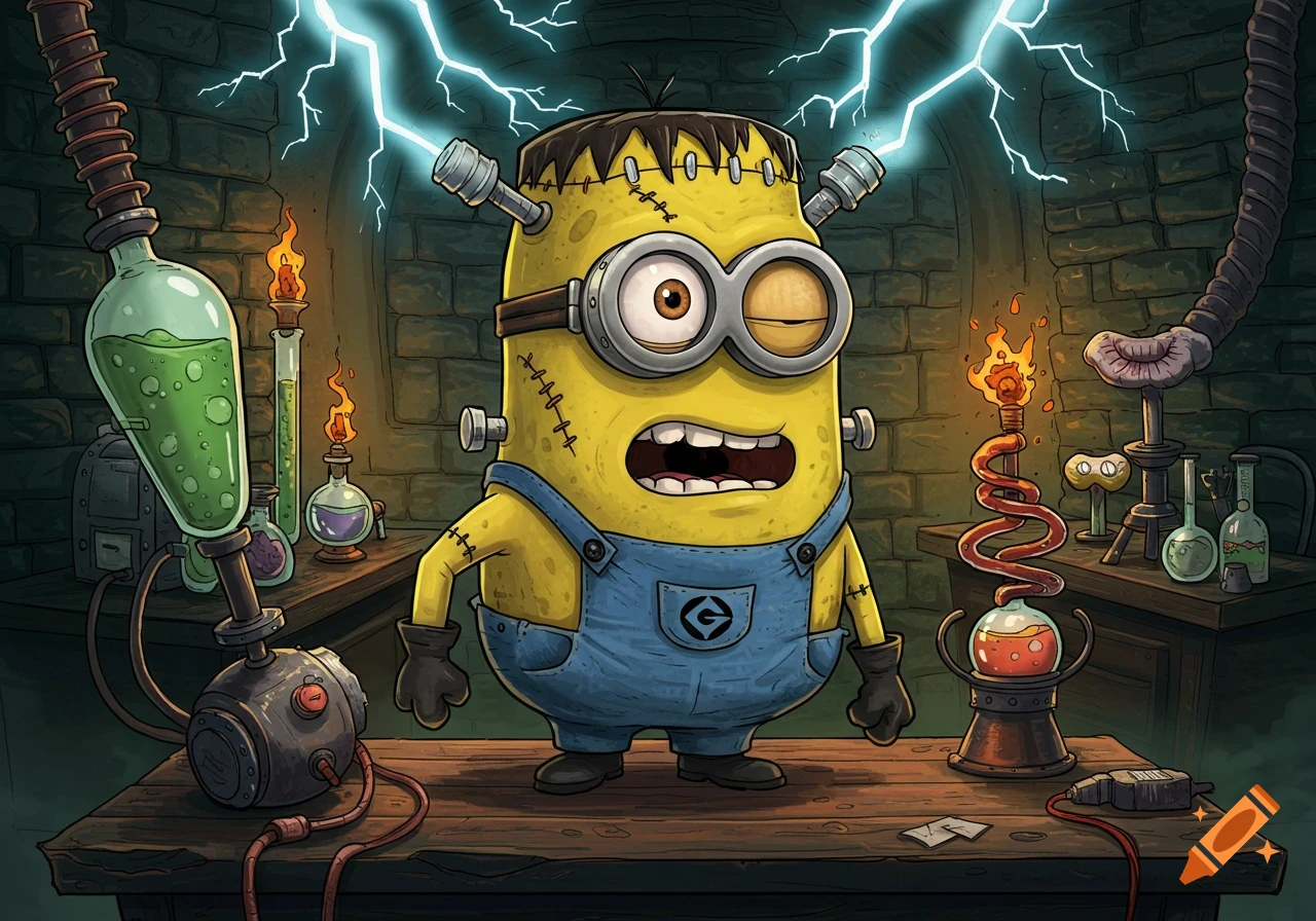 A cartoon Minion dressed as Frankenstein's monster is zapped by lightning in a spooky lab.