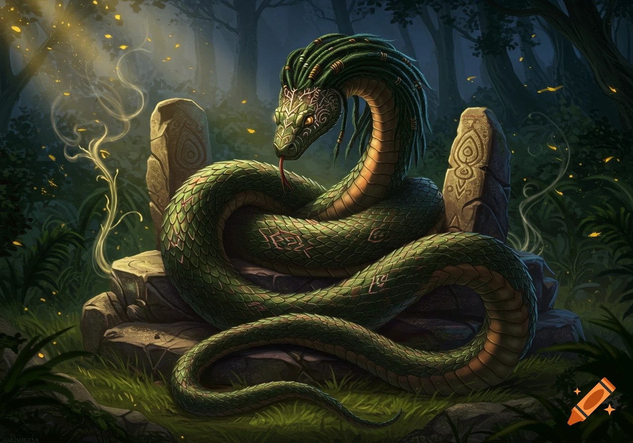 A vibrant green snake with dreadlocks rests on ancient stone carvings in a magical forest, rendered in detailed fantasy art.