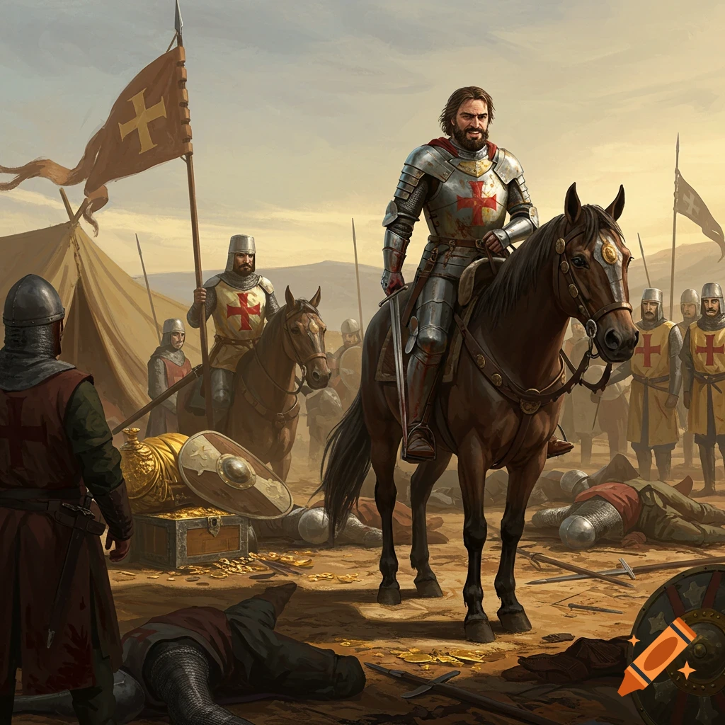 A bearded knight in shining armor on a brown horse surveys a medieval battlefield with fallen soldiers, tents, and scattered treasure, digital painting.