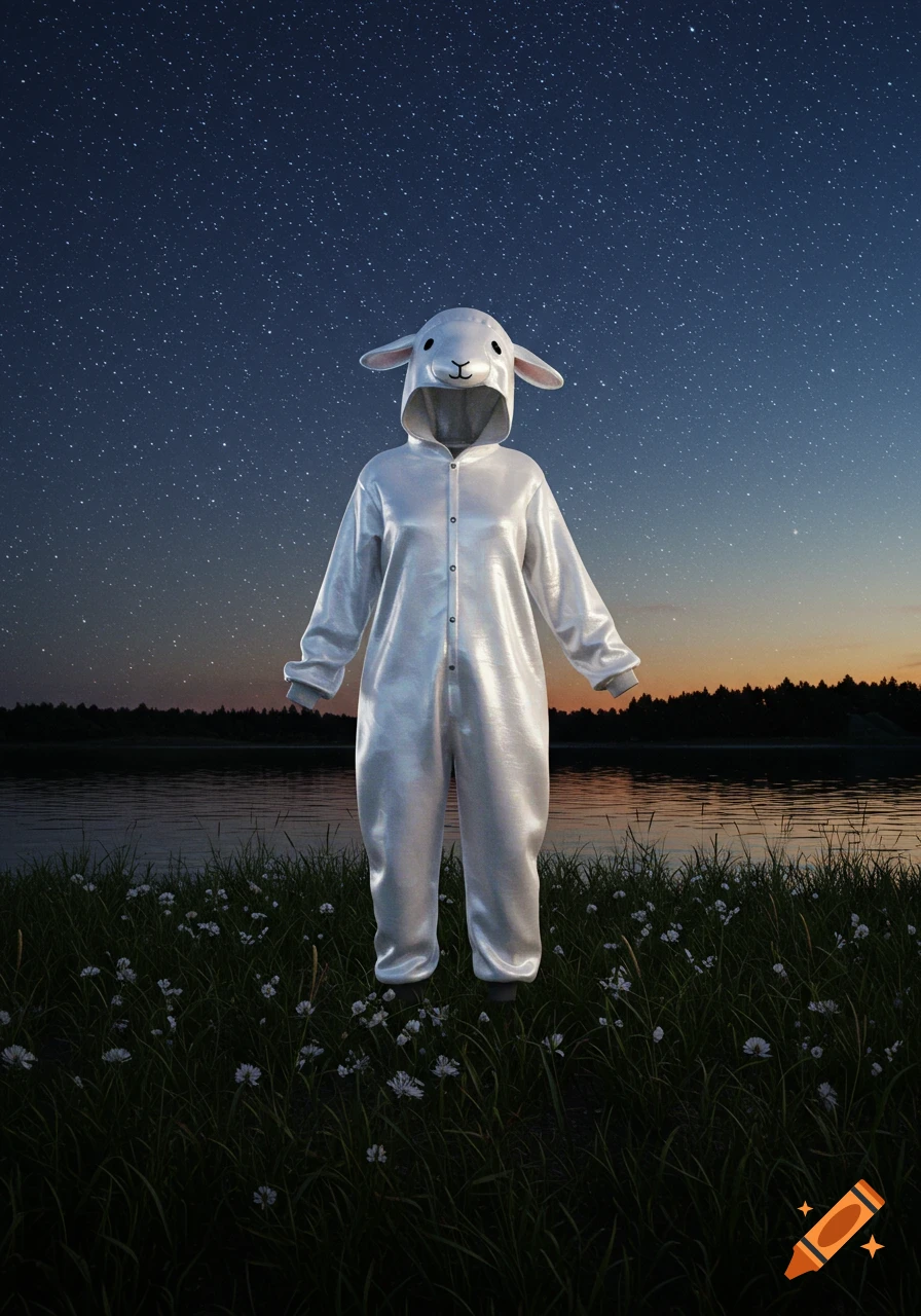 A shiny silver sheep kigurumi stands in a field of white flowers by a lake under a starry twilight sky.