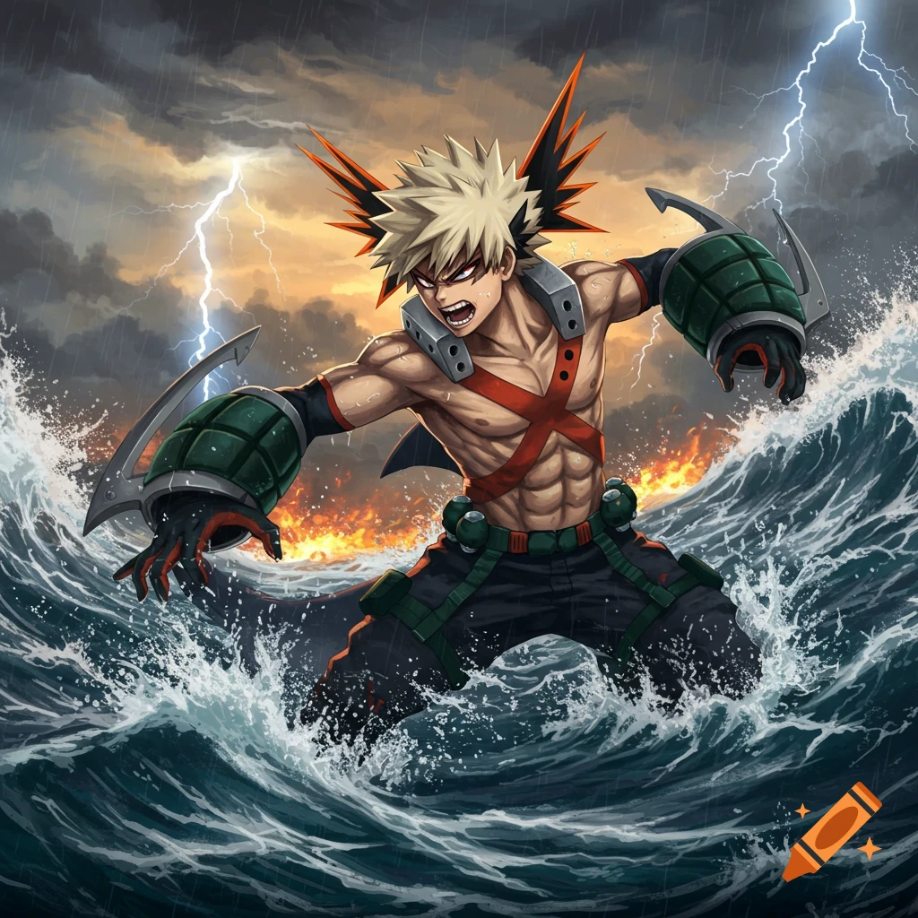 Anime character Bakugo, shirtless and muscular, with grenadier bracers, roaring amidst stormy waves with lightning and fire.