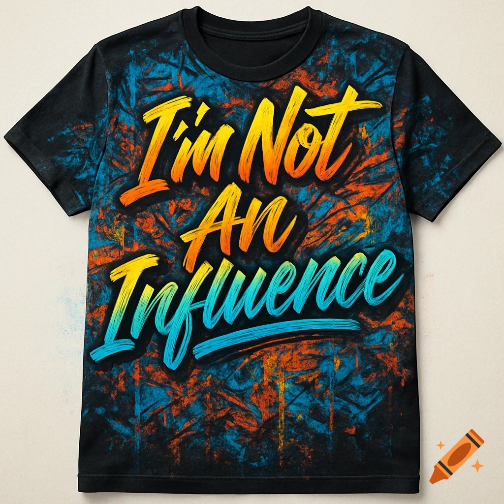 A black graphic t-shirt with orange, yellow, and blue text 'I'm Not An Influence' on a colorful, abstract background.