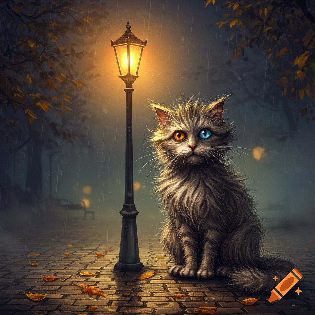 A fluffy cat with orange and blue eyes sits next to a glowing street lamp on a rainy autumn night.